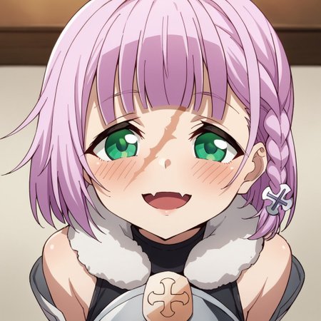 score_9, score_8, score_7, source_anime, rcleonica, braid, scar, cross hair ornament, skin fang, POV, looking at viewer, blush, smile, open mouth, upper teeth only