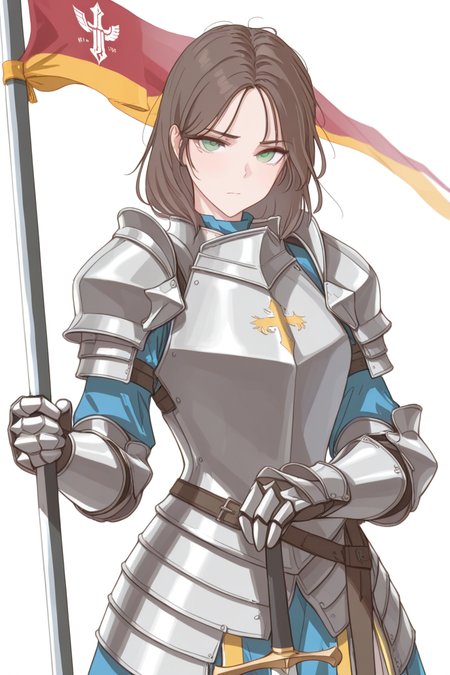 masterpiece, best quality, amazing quality,
 <lora:Nutzlos_IL:1> nutzlos, 1girl, solo, armor, gauntlets, brown hair, white background, flag, weapon, sword, looking at viewer, knight, simple background, green eyes, holding