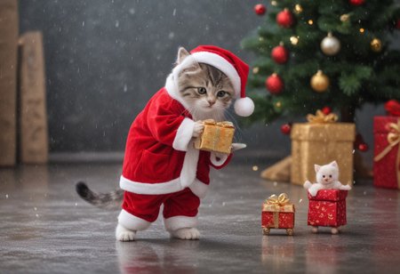 cute little kitten in a red christmas costume with a santa hat walking on two legs giving a present to a cute little mouse, other people around, rain, happy, proud, walking on two legs, sack of presents, hyper-detailed, vivid colors, high res, hyper-detailed, ultra-sharp, professional photo