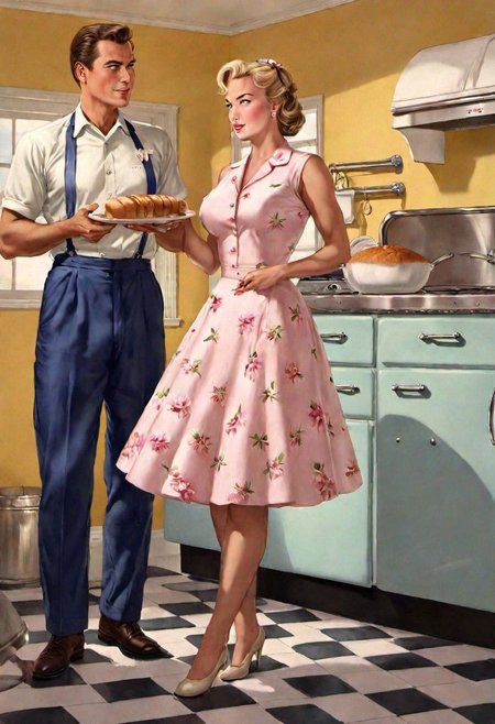 2 people mikay page woman, in a pink flower dress, An evocative scene set in a 1950s kitchen, filled with pastel hues that transport us to a bygone era. In this charming vintage kitchen, a woman is captured in the midst of baking a loaf of bread, standing next to a man dressed in a retro suit, embodying the timeless domesticity and warmth of the 1950s.