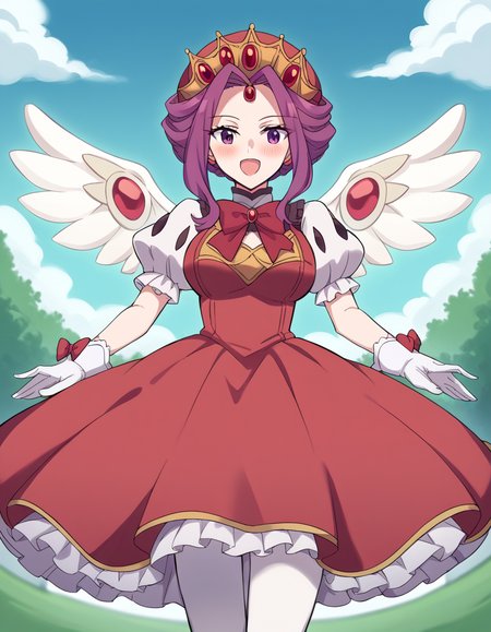 score_9, score_8_up, score_7_up, source_anime, <lora:mirelia-q-melromarc-s1s2s3-ponyxl-lora-nochekaiser:1>, mirelia q melromarc, purple hair, purple eyes, large breasts,, <lora:sakura-kinomoto-cosplay-ponyxl-lora-nochekaiser:1>, sakurakinomotocosplay, kinomoto sakura (cosplay), bow, bowtie, dress, gloves, hat, magical girl, pantyhose, petticoat, ppuffy short sleeves, puffy sleeves, red bow, red bowtie, red dress, red hat, short sleeves, white gloves, white pantyhose, white wings, wings,, outdoors, open mouth, blush, smile, flying, , dutch angle, cowboy shot