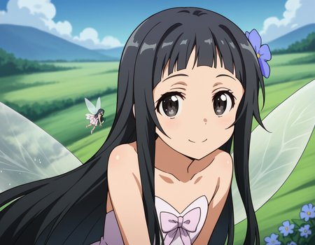 score_9, score_8_up, score_7_up, source_anime,
saoyui, <lora:sao-yui-s1-alo-ponyxl-lora-nochekaiser:0.8>,
yui, long hair, bangs, black hair, hair ornament, very long hair, flower, hair flower, black eyes,
dress, bare shoulders, collarbone, wings, fairy wings, fairy,
outdoors, landscape, smile, bent over,
cowboy shot, looking at viewer, solo, dutch angle,