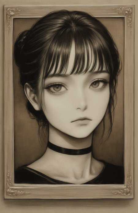 1girl, general, 

portrait, looking at viewer, sepia, photo \(medium\), solo, expressionless, single hair bun, black hair, black choker,

best quality, very awa, highres, newest