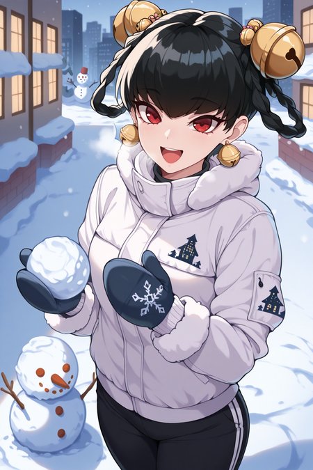 masterpiece, best quality, 1girl, solo <lora:opmlinlin-illu-nvwls-v1-000006:1> opmll, black hair, short hair, hair rings, twin braids, red eyes, hair bell, earrings, white jacket, winter jacket, black pants, track pants, mittens, snowman, looking at viewer, happy, cold, snow, city, holding snowball, open mouth