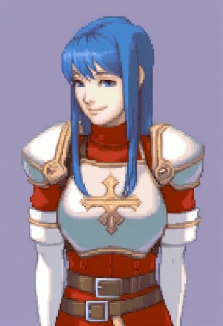 masterpiece, best quality, solo, looking at viewer, 1girl, smile, <lora:Ace-Attorney-Portraits-illus_Fp:1>, portrait, upper body, pixel art, simple background, <lora:caeda-fe-richy-v1_ixl:1>, caedadef, blue eyes, blue hair, long hair, bangs, turtleneck, red shirt, shoulder armor, pauldrons, breastplate, multiple belts, brown belt, white gloves, elbow gloves, red skirt, black thighhighs