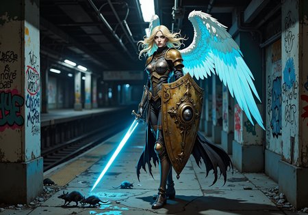 a digital illustration of, A blonde-haired angel with glowing blue eyes, clad in a mix of tarnished plate armor and a chainmail coif, strides through a dark, abandoned subway station. Her wings extend from her back, brushing the ceiling of the cramped underground space. In one hand, she holds a glowing sword, its celestial light illuminating the graffiti-streaked walls, and in the other, a heavily dented shield engraved with divine symbols. The sounds of distant rumbling echo in the empty station, while rats scurry away from the radiance she brings. Her gaze is fierce, searching for something unseen in the shadows.<lora:Illustration concept variant 2.safetensors:1.0:1.0>