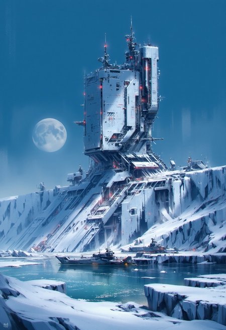 in the style of ck-sfc, Inkpunk Anime, a_skynet_cyberdyne_craft, the image is featuring a blue and white theme, icy snow-covered landscape, Artemis Station, with red lights, smoked glass and diodes, at the edge of an icy ocean with icebergs, its sleek towers a stark contrast to the snow surrounding it, with a harbour featuring military warships of gunmetal alloy, red lights and diodes, moored. The planet’s sun casts a vivid, surreal light across the station, while deep fissures filled with glaciers mark a stark background. The sky is a dark blue, with a moon hanging low in the horizon