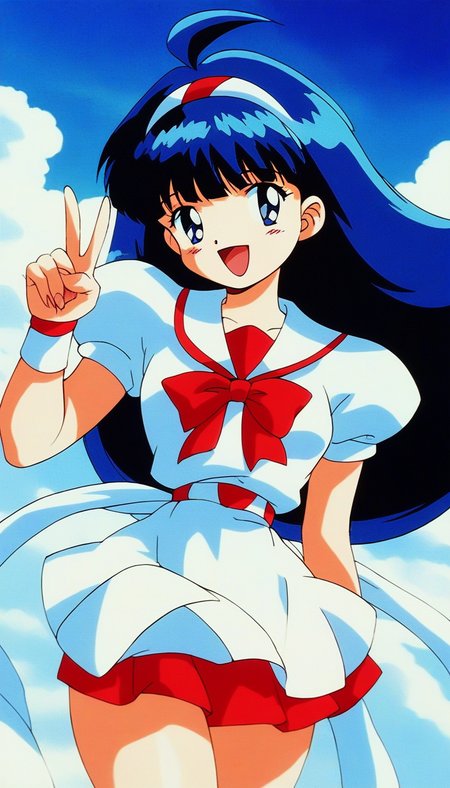 score_9, score_8_up, score_7_up, source_anime, rating_explicit, BREAK <lora:Tsurugino_Hikari_XL:1>Tsurugino_Hikari, long hair, blue hair, 1990s (style), hairband, blue eyes, bangs, ahoge, small breasts,
1girl, solo, hat, retro artstyle, skirt, open mouth, School uniform, smile, 
wristband, looking at viewer,  puffy sleeves, short sleeves, bow, 
Yoneju color dress, :d
dauy, sky, outdoor.