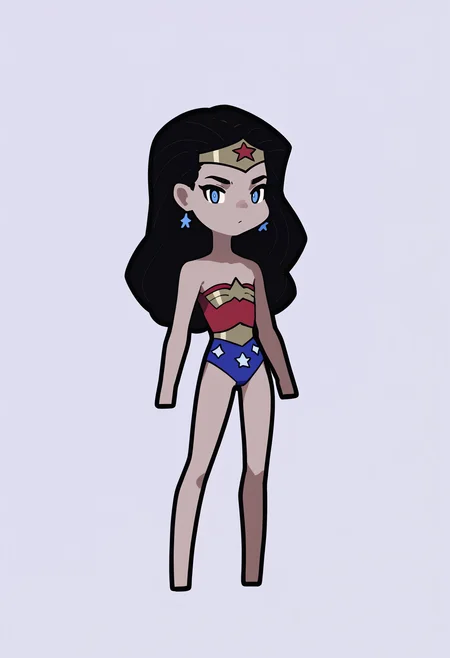 score_9, score_8_up, score_7_up, score_6_up, score_5_up, score_4_up, BREAK
1girl, chibi,
wwkd, black hair, long hair, blue eyes, dark skin, bare shoulders, earrings, flat chest, jewelry, leotard, tiara,
standing, full body, solo, looking at viewer, simple background, white background    <lora:RabbitAndSteelXLLocon:1>   <lora:WonderWomanKidsXLv2:1>