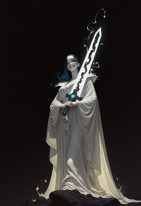 Bright, almost blinding monochrome manga sketch, minimal rough lines, seductive female embodiment of Death, long white robe flowing like liquid light, voluptuous woman, detailed face and hair, robe merging into surrounding glowing void, massive indistinct sword shimmering with unreal radiant energy, face as white void, wicked teasing grin piercing the light with eerie clarity, raw unfinished feel, heavy highlights, stark white contrasts, tense mysterious atmosphere, sketch texture, high contrast ink style, dynamic linework, abstract glowing space, unsettling visual tension, minimalist composition, light fantasy aesthetic, ethereal presence, subtle energy distortion, blinding brightness, 8k resolution, ArtStation trending, award-winning composition. giant sword, huge sword