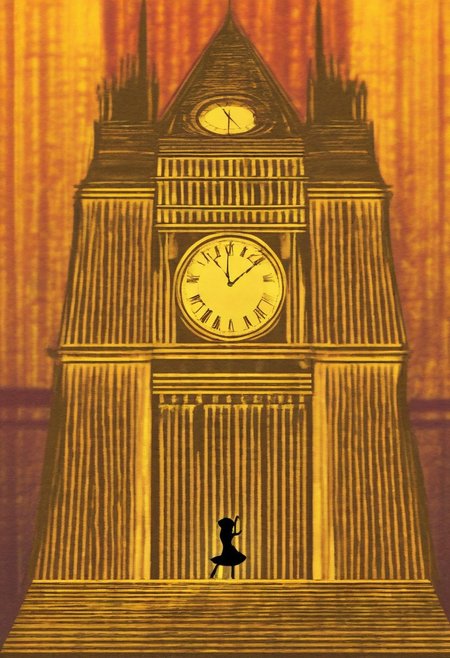 silhouette of a dancing puppet against the background of a large clock tower
