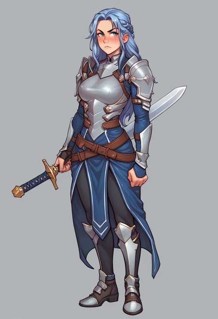 beauty female, mesmerizing, cute-faced, Dimpled, light blue Almond-shaped eyes , Gray/Silver plate armor, blue Long Hair Styles Layers, Fair, Sloppy, Disheveled, Pout, Blush, Determined, Fidgeting, Freckles, futuristic skin tight leather armor,
((full-clothed)), ((long big sword in hands, sword in hands))
BREAK 
jungle background score_9, score_8_up, score_7_up, score_6_up, source_cartoon, rating_explicit, Expressiveh, (((((full body))))), dynamic pose