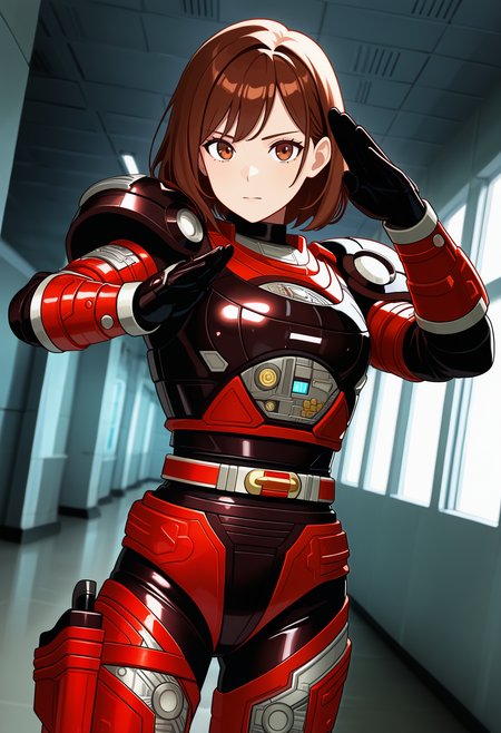 1girl, solo, R3ddle, armor, bodysuit, shoulder pad, gloves, belt, holster, brown hair, brown eyes, cowboy shot, dutch angle, looking at viewer, shiny clothes, fighting stance,
indoors, hallway, metal wall,
best quality, very aesthetic, masterpiece,