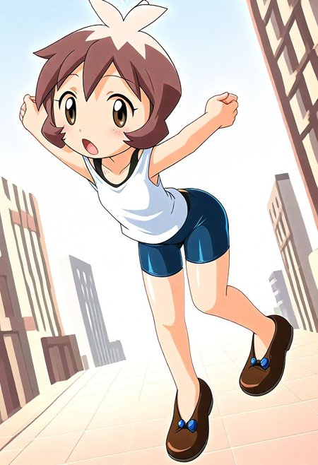 <lora:Hyper-SDXL-8steps-lora:1><lora:Fixhands_anime_bdsqlsz_V1:1>zPDXL2, score_9, score_8_up, score_7_up, source_anime, intricate details, perfect anatomy BREAK
1girl, solo, bj-shout, brown hair, short hair, antenna hair, brown eyes, white shirt, bare shoulders, black bike shorts, brown shoes,
from behind, arms behind head, Neutral, A relaxed facial expression with a slightly open mouth.,
outdoors, city, tokyo, japan,
 <lora:bj-shout_XL(pony)v10:0.9>