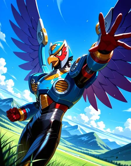 <lora:Storm_Eagle_(Mega_Man_X)_(Illustrious)_(AD):1> Storm Eagle, reploid, MMX, 
((
exterior, blue sky with clouds, mountain valley, grassy valley, 
dutch angle, dynamic action, cowboy shot, perfect depth of field shot, 
):1.5), 
male focus, intense shadows, dynamic shadows, intricate details, attention to details, gradient coloring, robot, beak, bright vivid colors, deep metallic colors, glossy metal body, wings, fighting stance, smug, smile, 
BREAK very awa, masterpiece, best quality, amazing quality, very aesthetic, highres, absurdres, photographic realism, 8K CGI render, 
EZRealPONYXL, zPDXL, Smooth Quality, lazynsfw,