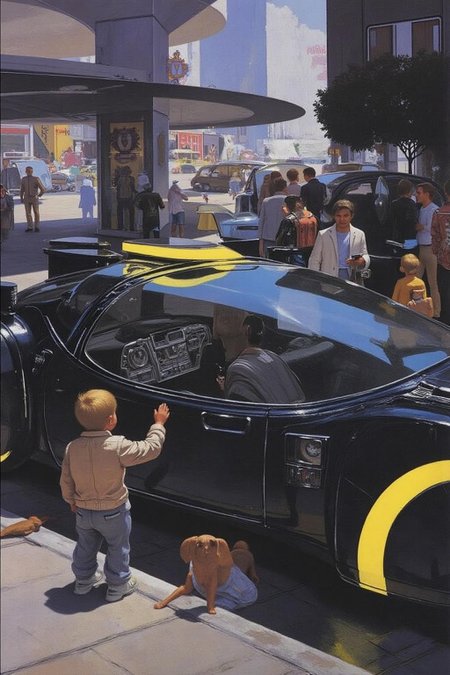 sydme1 painting in a futuristic, sci-fi style, depicting a sleek, high-tech vehicle parked a city street. The vehicle, a futuristic hovercrafts, is enclosed in a bubble-like canopy with a curved, aerodynamic design. It's primarily black with bright yellow accents, including a distinctive yellow stripe on the canopy and on the vehicle's body. The cockpit interior is visible, showcasing a futuristic dashboard with numerous buttons and screens, giving it an advanced, high-tech appearance.  There are people walking around the car, some stopping to admire it. <lora:sydme6_cap_d6a3:1.0><lora:810973109478818273:0>