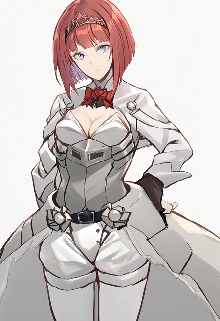 score_9, score_8_up, score_7_up, score_6_up, score_5_up, score_4_up, source_anime, 1girl, 
arkroyal, Ark Royal has short red hair in a bob cut with blunt bangs and wears a tiara-like hairband. She has blue, tsurime-style eyes. She wears a white corset that forms an overskirt with a white jacket tied on with a red ribbon only covering the shoulders and the length of the arms, creating a cleavage cutout. On her hands, she wears brown fingerless gloves. She also wears white shorts and white pantyhose. Her rigging involves an overskirt-like armored shell attached at her hips, which has a ship's bridge on her back, and small twin-cannon AA turrets at the sides. She carries a quiver to the right of her hip, and wields a composite bow with a distinct flight deck motif in her left hand. She also wears armored platform shoes with a keel-like heel.
masterpiece, best quality, very aesthetic, absurdres,