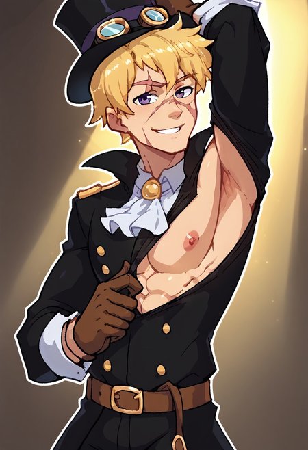 score_9, score_8_up, score_7_up, source_anime, <break> upper body, male, SABO, male focus, 1boy, blonde hair, solo, smile, looking at you, sideboobpeek, one breast out, presenting armpit, clothes pull, pulled by self, gloves, ascot, scar, pants, hat, goggles, coat, belt, goggles on headwear, short hair, top hat, shirt, scar on face, brown gloves, black headwear, open clothes,sideboobpeek, one pec out, arm up, presenting armpit, clothes pull, pulled by self, boots, open coat, white ascot, black coat, long sleeves, nipples, spotlight
<segment:yolo-face_yolov8m.pt,0.4,0.5//cid=1>
thick outline, black outline,