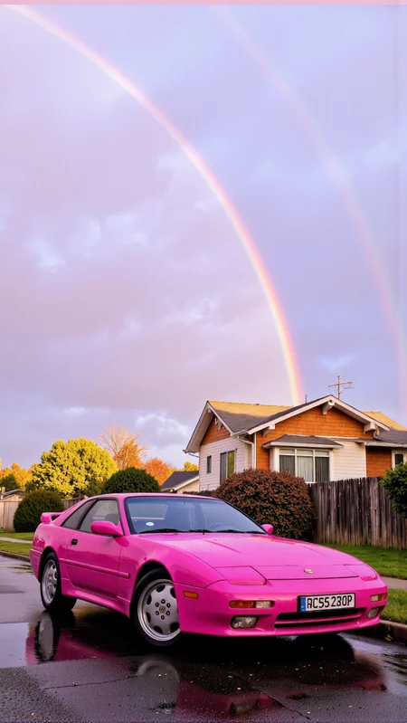 a pink car parked on the side of a road with a rainbow in the background and a house in the foreground, Beeple, aesthetic, a screenshot, aestheticism
<lora:Defluxion II:1>âââ
