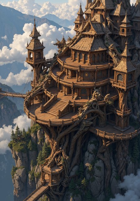 Colossal wooden fortress perched atop a sheer cliff face, its mammoth timbers interlocking in mind-bending geometries. Ancient redwood and sequoia trunks form titanic load-bearing columns, their bark glistening with morning dew. Intricate dovetail joints and wooden pegs secure gargantuan beams, creating a labyrinth of walkways and battlements. Carved dragon motifs writhe along balustrades, their eyes inlaid with amber. Moss-draped suspension bridges span dizzying gaps between towers that pierce low-hanging clouds. Massive wooden gears and counterweights operate drawbridges thick as warships. Sunlight filters through latticed windows, casting honeycomb shadows on polished teak floors. Pine-scented mist swirls around the base, where gnarled roots grip the rocky precipice. 8K resolution, hyper-detailed textures, volumetric lighting, epic scale <lora:FluxMythP0rtr4itStyle:0.5> <lora:Synesthesia:0.5> <lora:Ganin_II:0.6> <lora:FluxDFaeTasticDetails:0.5> <lora:flux_dev:1>