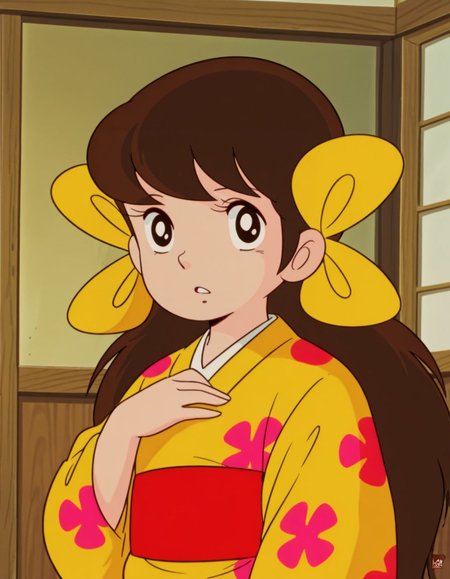 masterpiece, best quality, 
<lora:Sakura:1>, saku4a, long hair, brown hair, black eyes, yellow kimono, multiple hair bows, 1980s \(style\),
