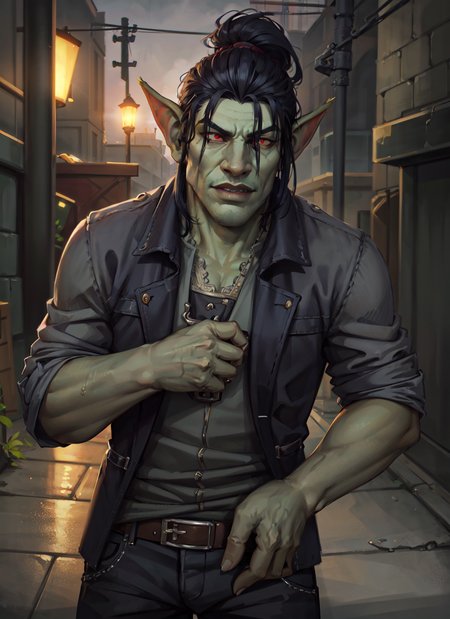 1boy, cowboy shot of hewowgob rogue, green skin, coat, grey shirt, pants, glowing red eyes, black hair, dark alley, volumetric lighting, best quality, masterpiece, intricate details, realistic  <lora:sxz-goblins-v2:0.7>
