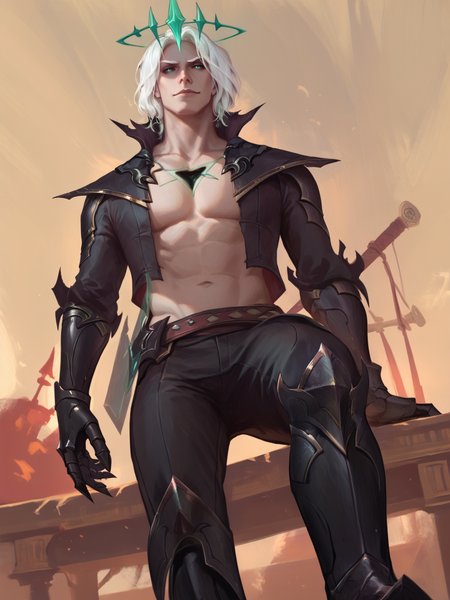 score_9, score_8_up, score_7_up, BREAK, Viego, 1man, solo, white hair, emerald halo crown, black wound in chest, high collar, short black jacket, black armored gauntlets, black pants, black armored boots, emerald Zweihander on his back, wodeipoi, sitting on squats, from below view, evil smirk <lora:ViegoNormal:1>  <lora:wodeipoi:1>