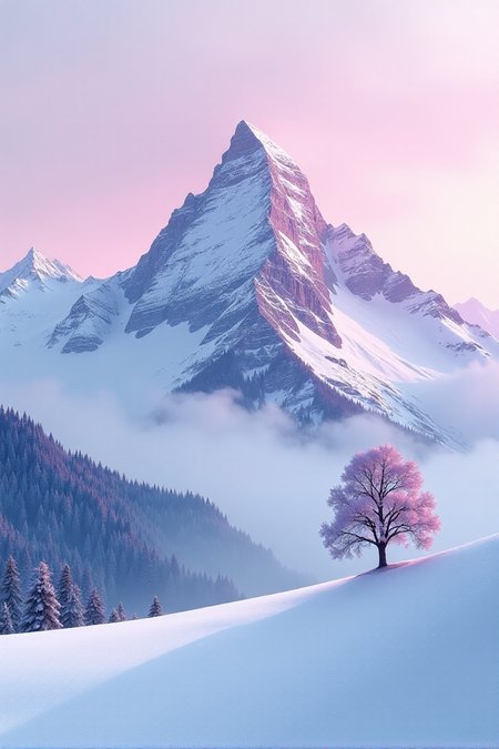a snow covered mountain with a lone tree in the foreground, keisuke goto, gradient light purple, leading to a beautiful, sparse, carpathian mountains, awarded winning photo, beautiful avatar pictures, pink hues, gentle shadowing, in a desolate, images, <lora:Landscapes_II:0.8>âââ