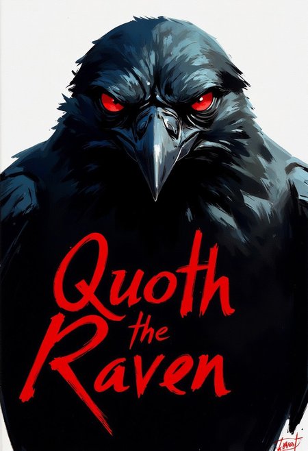 The image is a highly detailed, photorealistic digital painting of a raven. The raven is depicted in a close-up view, focusing on its face and upper body. The bird's feathers are rendered in rich, dark black with intricate details, showcasing the individual quill structure and texture. Its piercing, round eyes are a striking red, giving it an intense, almost menacing look. "QUOTH THE RAVEN" is written in red cursive hand written font across the image in a sinister fashion.