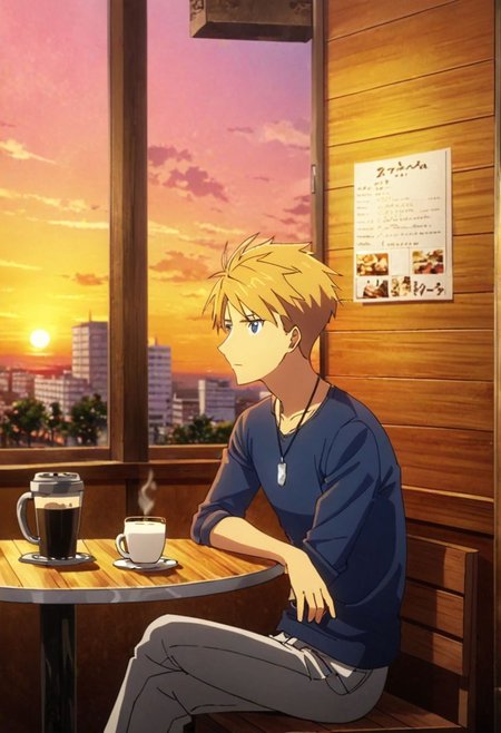 high resolution, professional photography, best quality, 1Boy, Yamato Ishida, blond hair, deep blue eyes, necklace, cafe, corner, sit, soffa, casual outfit, coffee, waiting, warm building, sunset, OverallDetail