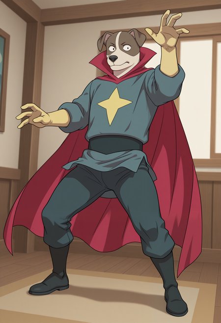 masterpiece,best quality,amazing quality, 1boy, solo, s34nc3, furry, red cape, blue tunic, yellow gloves, blue pants, blue sash, star (symbol), full body, hero pose, indoors,