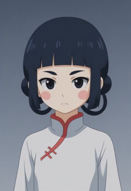 source_anime, anime screencap, source_anime, auratheguillotine, anime screencap, masterpiece, source_anime, shiny skin,,,,,,,,,<lora:jasmineMedi_illustriousXL_v01:1> jasmindef, black hair, blunt bangs, short hair, black eyes, blush stickers, hair rings, sidelocks, small brows, chinese clothes, white dress,