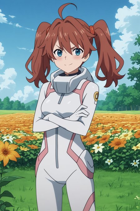  kokoro,1girl,solo,long hair,twintails,ahoge,bodysuit,white bodysuit,pilot suit,long hair,crossed arms,cowboy shot,smirk BREAK outdoors,blue sky,cloudy_sky,orange flower,flower field,tree  <lora:Miku_-_Darling_in_the_franxx.safetensors:0.8> <lora:detailed_backgrounds_v2.safetensors:0.5>