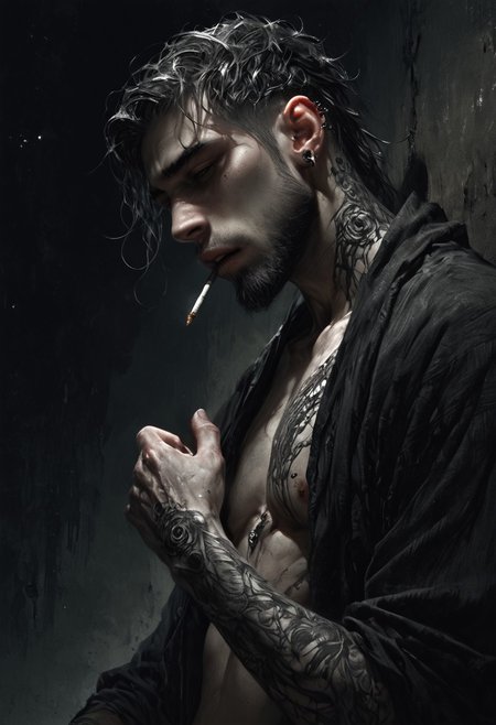 score_9, score_8_up, score_7_up, masterpiece, ultra-realistic 8k, (best quality), (lots of details:1.2), (intricate details:1.2), perfect male painting, (detailed painting:1.2), inrticate, realistic skin, (dark theme, muted colors, dark shot:2.2), (2 boys), masculine, (muscule:0.3), black medium hair, facial hair, perfect eyes, (tattooes:1.8), black jacket, bare chest, fingerless gloves, naked, gay anal sex from behind, rough sex, against the wall, perfect erection penis, open mouth, hold another's hand, put him close, looking at another, smoke cigarette, (covered by darkness), (night:2.2), dark alley, (low light:1.7), highres textures, Expressiveh