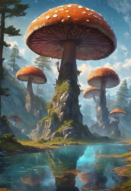 oil matte art, best quality, calm relaxing scenery, beautiful anime landscape, mushroom forest, beautiful digital art, aqua glow, winter, great reflections, wet, panoramic view, rain, wet, on the mountain cliff, detailed rocky cliffs, detailed clouds, crystal clear, dark clouds in the background, bokeh, OverallDetail, depth of field, detailed art, expressionism,
extremely detailed, UHD,