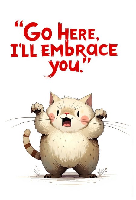 ppstorybook, Illustrate a cartoon Persian cat in a dynamic, defensive stance against a stark white background. The cat dominates the frame, positioned centrally with its fluffy, oversized paws raised aggressively, claws slightly extended. Its bushy tail arches upward, adding volume and tension. Above the cat, bold, jagged text reads: *“Go here, I’ll embrace you”* in fiery red lettering with a black outline, creating a stark contrast against the white backdrop.
