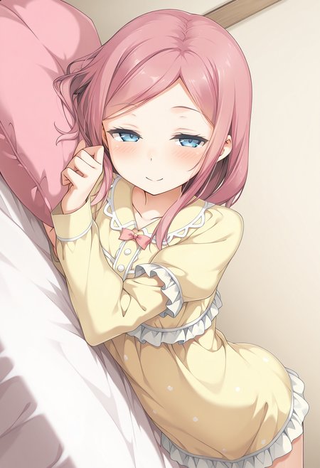 highres, best quality, masterpiece, indoors,
1girl, solo, kkanommk, pink hair, blue eyes,
yellow pajamas, puffy sleeves, yellow dress,
looking at viewer, blush, smile, half-closed eyes, 
lying, dutch angle, pink pillow,
<lora:_momoka_koikano-elesico-ilxl:1>