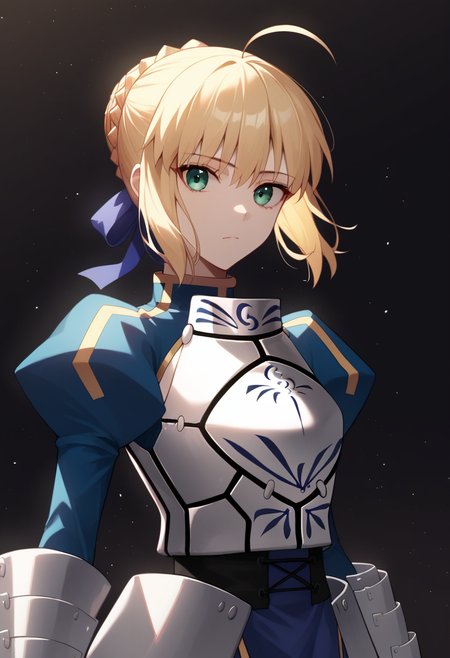 score_9,score_8_up,score_7_up,1,<lora:stay_night_all:1>,1girl, character: artoria_pendragon_(fate), character: saber_(fate), solo, black_background, upper_body, looking_at_viewer, expressionless, closed_mouth, green_eyes, blonde_hair, short_hair, braid, sidelocks, armor, blue_dress, dress, juliet_sleeves, long_sleeves, puffy_sleeves, highres, invisible_air_(fate), light_particles, english_commentary