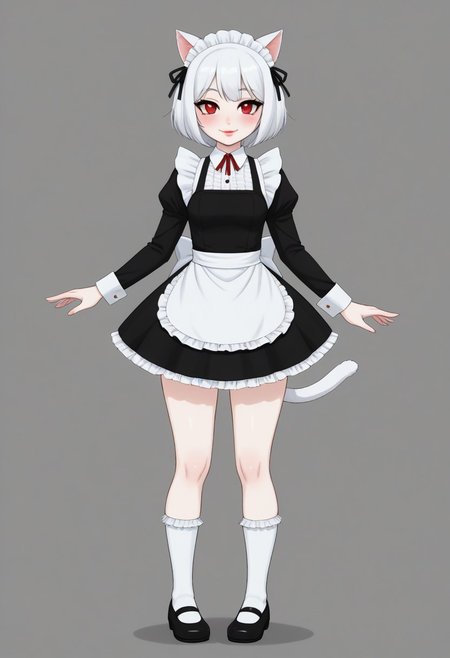 1girl, Whirte hair, White cat ears, white cat tail,  white skin, small boobs, wide hips, maid outfit , ankle socks, red eyes,semi close eyes , smile, lipstick , blush easynegative,ng_deepnegative_v1_75t