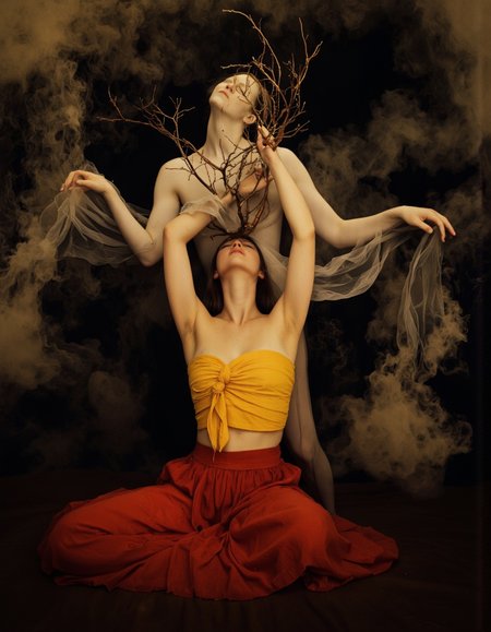 Art by Brooke Shaden. A photo-realistic shoot from a frontal camera angle about a woman in a strapless yellow top and a long red skirt, standing amidst a dark, smoky background. the image also shows a ghostly figure with bare branches reaching towards the viewer, standing in the middle of the image. on the left of the woman, a slender, pale-skinned woman appears to be in her mid-twenties, with long, dark hair that falls down her back. she is wearing a yellow strapless top that is tied around her waist, and a red, flowing skirt that reaches down to her knees. her eyes are closed, and she has a serene expression on her face. her body is slim, with bare shoulders and a small waist. her arms are outstretched, holding a thin, bare branch above her head. the background is dark and smoky, with a hint of smoke or fog surrounding the figure. the lighting is soft and warm, casting a golden glow on the woman's skin and the surrounding area.