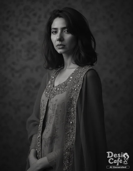 vintage greyscale photo of  mahira khan woman, hyper realistic photo that is safe for work, serious, studio quality image, well dressed wearing intricate long sleevedLong Anarkali Gown, hair styled as bob,muted shaded wallpaper background that contrasts with the person, cinematic lighting,âââââ  <lora:Mahira_Khan_Flux_Kohya_V1:1>âââ