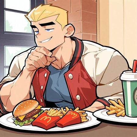 <lora:DASH:1.5>dash, solo, smile, short hair, blue eyes, blonde hair, 1boy, jacket, upper body, male focus, food, indoors, muscular, bara, grin, open jacket, cup, window, thick eyebrows, half-closed eyes, muscular male, bodybuilder, mature male, meme, tray, jitome, head rest, drinking straw, smirk, smug, hand on own chin, disposable cup, burger, elbow rest, letterman jacket, french fries, bored, fast food, bara, motion blur, film grain, abstract, natural lighting, fantasy, dynamic view, tilted angle, very awa, masterpiece, best quality, absurdres, newest, perfect quality, detailed background, (artist:fl \(l-fl\):0.7), (artist:tooboshoo:0.7), (artist:dizdoodz:0.8)