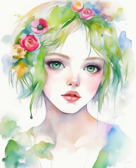 1girl,blue eyes,green hair,rose, camellia,daisy, freckles,  portrait, petals, tulip,(background full of flowers) ,(face close up),(Open eyes),(vibrant colors), <lora:watercolor_v1_sdxl:2.4>