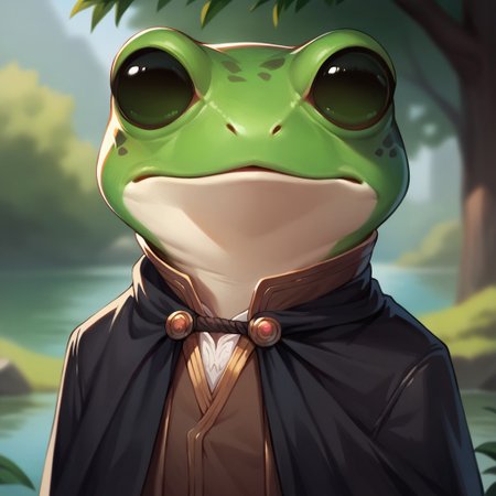(((detailed, beautiful, high quality))), score_9, score_8_up, score_7_up, solo, upper body, portrait,
grungrace, anthro frog,
1 boy, male focus, green skin, black cape, brown vest, black pants,
looking at the viewer, posing, 
blurred background, fantasy background,
