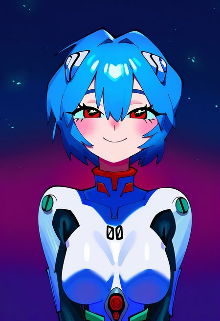 masterpiece, best quality, very aesthetic, high resolution, ultra-detailed, absurdres, newest, extremely detailed eyes, beautiful, perfect lighting, hi res, amazing quality, very awa, pvdc_il, PVDC_STL, hatched style:2.1, cartoon style, pastel style, 1girl, ayanami rei, plugsuit, blue hair, red eyes, short hair, smile, looking at viewer, blush, hair between eyes, upper body, interface headset, closed mouth, breasts, white bodysuit, star (sky), bangs, eyelashes, straight-on