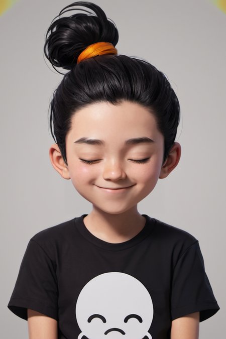 a boy with black hair and a black shirt smiling at the camera with his eyes closed and his hair in a bun, Adam Manyoki, cheerful, a character portrait, rayonism