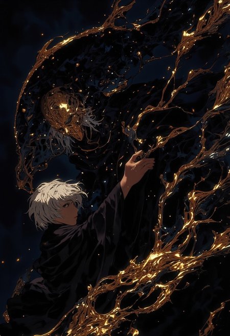 hyper realistic. a mage is standing alone against a gloomy backdrop. She has silver hair and silver eyes. She is wearing a golden mask. She is draped with an oversized cloak of dark flames embedded with stars. The stars are white and gold. Her face is in focus but shadowed by her cloak. The cloak is the only thing illuminating the scene, and it gets darker the further away it is. Her arms are outstretched as if casting a spell. Her fair skin contrasts softly against the glittering cloak, and her expression is introspective, with slightly parted lips adding a touch of sensuality. The cloak catches the ambient light, scattering it into a dazzling display of shimmering reflections, resembling a star-studded night sky. The dim, ambient lighting enhances the intimate, moody atmosphere, casting gentle shadows that sculpt the contours of her face and body, emphasizing her serene yet enigmatic presence. The composition blends softness and glamour, fusing intimate elegance with a hint of otherworldly magic.