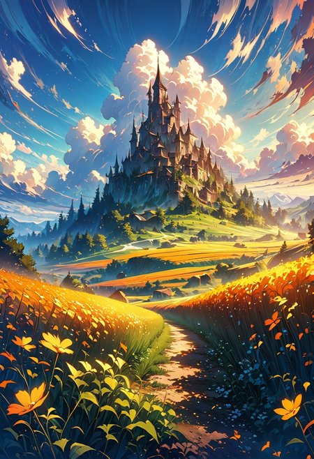 beautiful grain field, beautiful day, beautiful scenery, high quality, best aesthetics, masterpiece, illustrative details, anime illustration, digital art, no human,