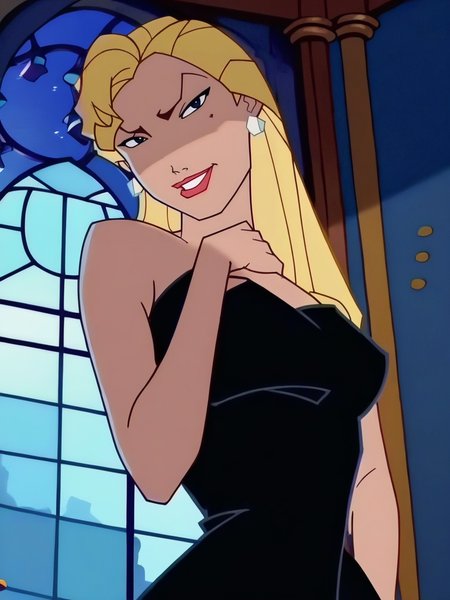 score_9, score_8_up, score_7_up, 1girl, elegant room, windows, night, detailed background, smile, looking at viewer, smile, cowboy shot, (dynamic pose:1.1), dynamic angle, sexy pose, from below,
 <lora:HelgaSinclair_character:1>,HelgaXLP, blue eyes, blonde hair, long hair, earrings, mole under eye, lipstick, black dress, bare shoulders, anime screencap,