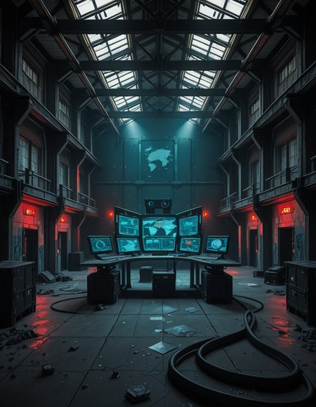 A dark, abandoned warehouse transformed into a villain's secret lair. The structure is massive and industrial, with rusted steel beams, shattered windows, and crumbling concrete walls covered in old graffiti. The floor is dusty and cracked, with scattered debris and oil stains. Dim red and blue lights glow from hidden sources, casting eerie, atmospheric shadows throughout the space. In the center, a high-tech command station glows with holographic maps, control panels, and futuristic computer screens. Advanced equipment, weapons racks, and strange scientific devices are neatly arranged on steel tables. Thick black cables snake across the floor and dangle from the ceiling. Makeshift metal dividers and reinforced crates create hidden zones for operations and storage. The setting is cinematic, mysterious, and tense, with dramatic lighting, high contrast between dark corners and glowing tech, and a realistic, moody art style â like a scene from a dystopian sci-fi thriller. No people or figures are present. 
<lora:SDXLFaeTastic2400:0.4> <lora:extremely_detailed:0.4> extremely detailed,villain secret l41r, <lora:villain_secret_l41r-i:1>, Masterpiece,best quality,hi res,8k,hi res,8k,award winning,(sharp focus, intricate, highly detailed),
